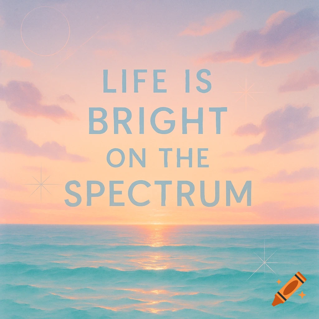 Sunset over a calm ocean with pink and orange clouds, and the text 'LIFE IS BRIGHT ON THE SPECTRUM' in light blue.