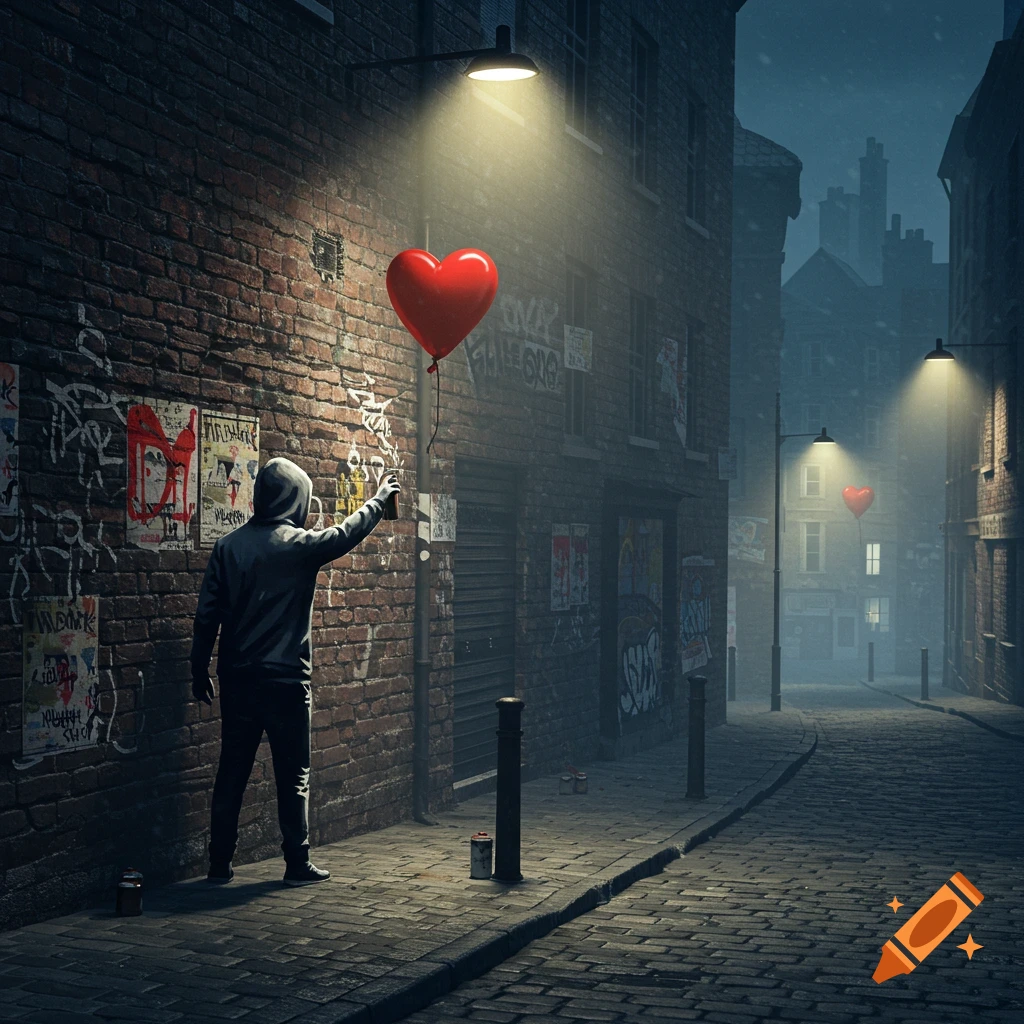 A hooded figure spray-paints a red heart balloon onto a brick wall in a dark, wet alleyway, evoking Banksy's style.