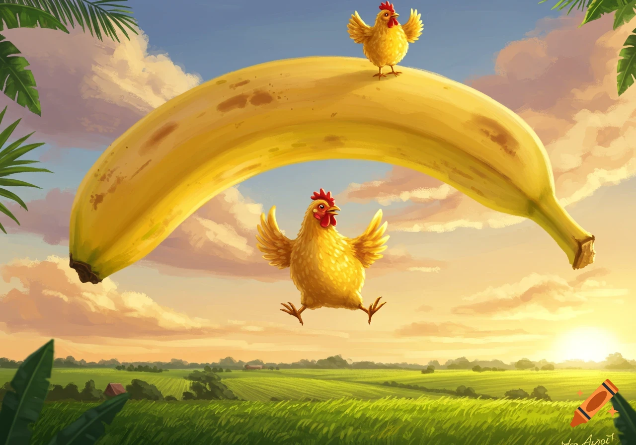 Two cartoon chickens interact with a giant floating banana above green fields at sunrise in a whimsical illustration.