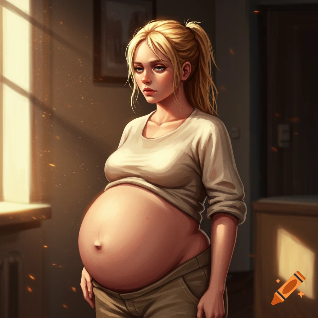 Digital illustration of a blonde pregnant woman with a large bare belly, standing in a sunlit room with a pensive expression.