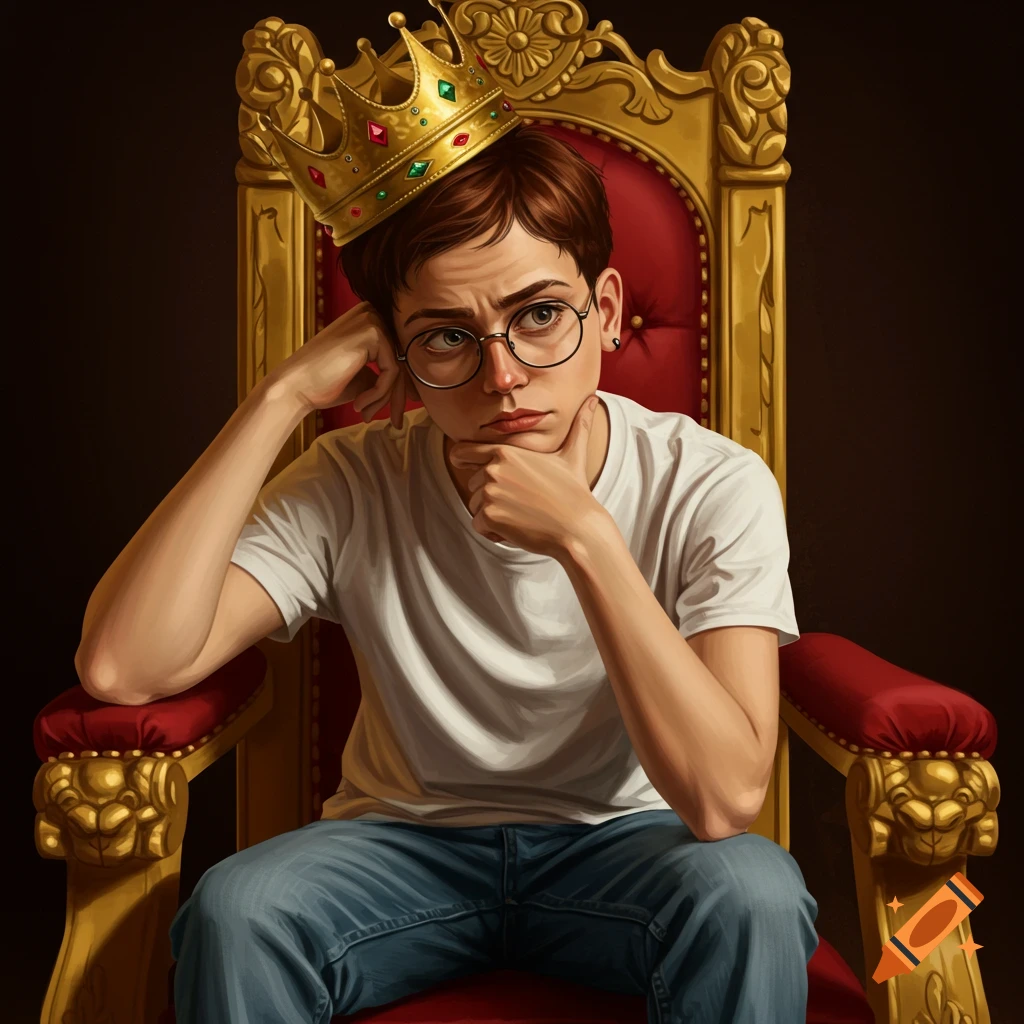 A digital art portrait of an androgynous person with a king's crown and glasses, sitting on a throne in a thoughtful pose.