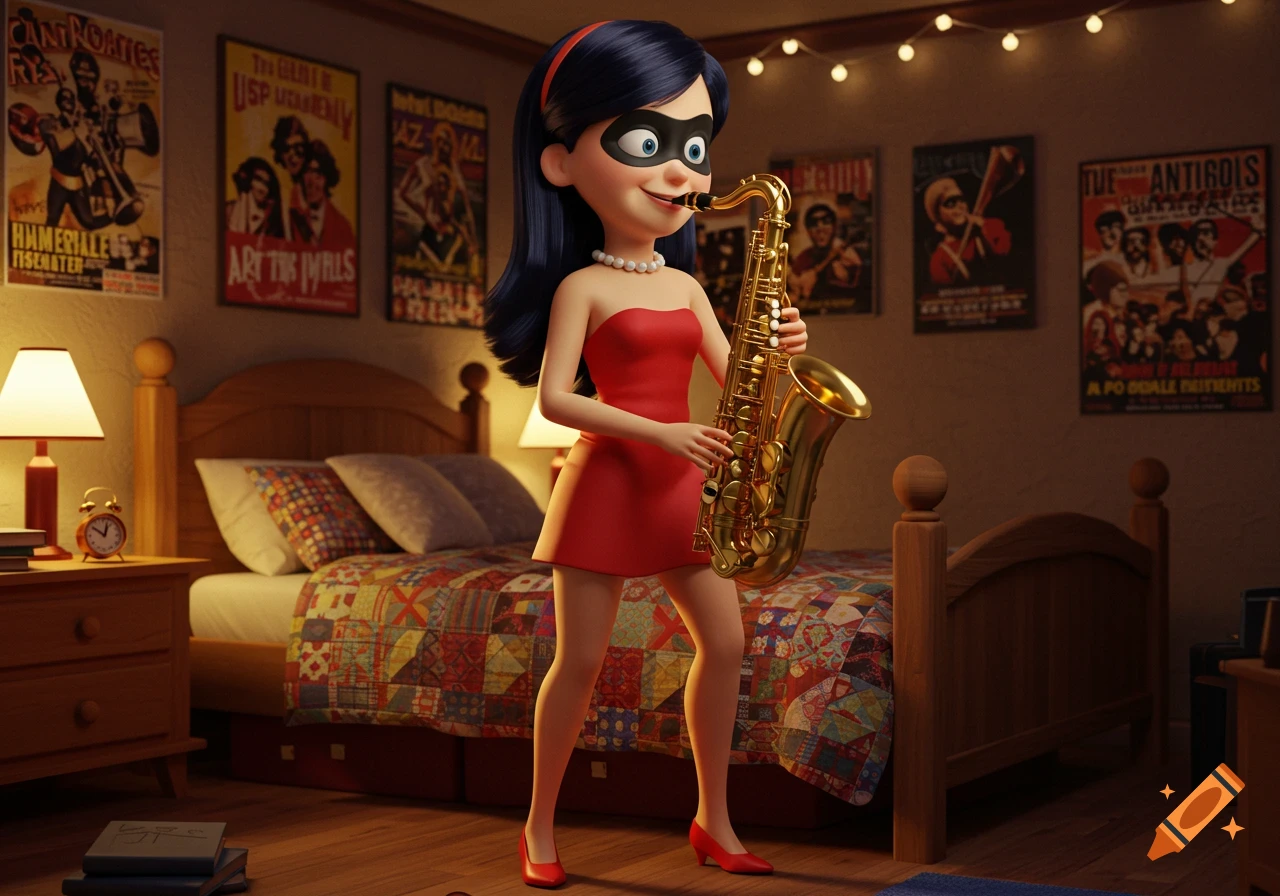 Violet from The Incredibles in a red dress and eye mask plays a saxophone in a cozy 3D animated bedroom.