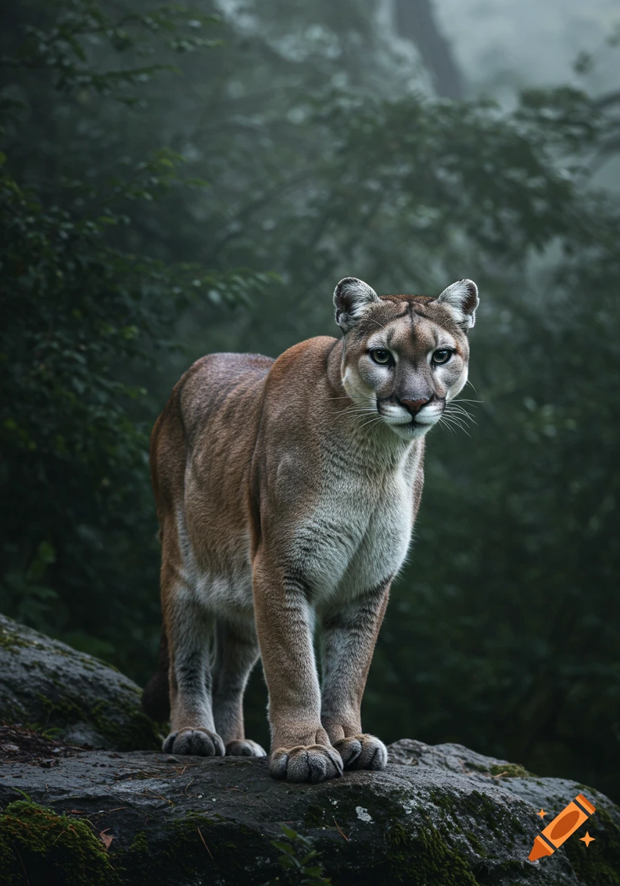 A photorealistic cougar stands on a mossy rock in a foggy forest, looking directly forward.
