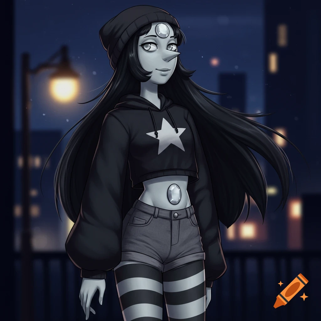A gray-skinned Pearl-like character with long black hair, a beanie, cropped hoodie with a star, denim shorts, and striped tights stands in a city at night.