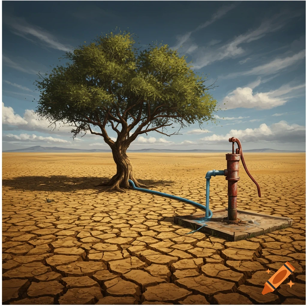 A lone tree thrives in a cracked desert landscape, watered by a pipe from an old hand pump under a blue sky.