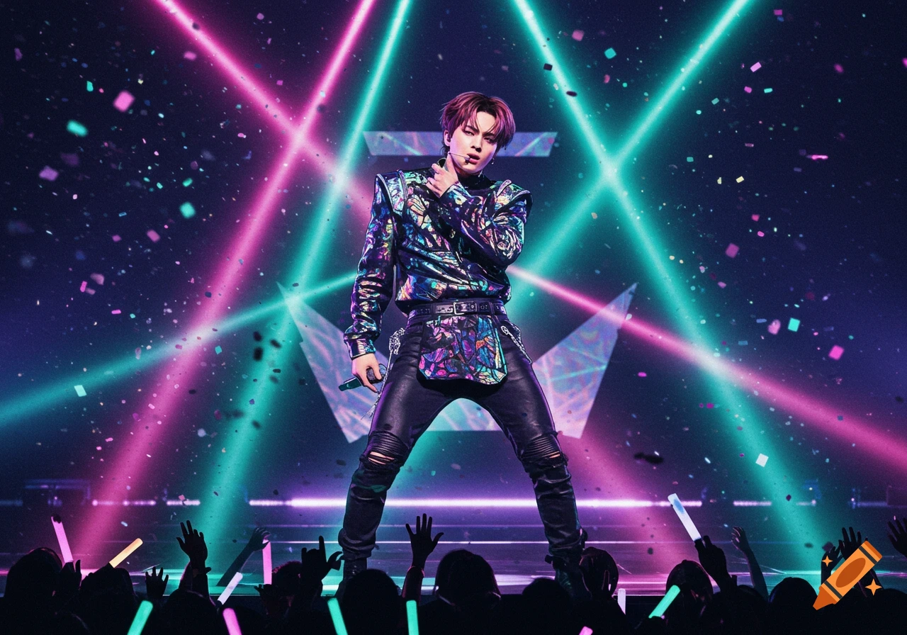 A K-pop performer on stage in a metallic, colorful outfit, holding a microphone under neon pink and teal lights with confetti falling.