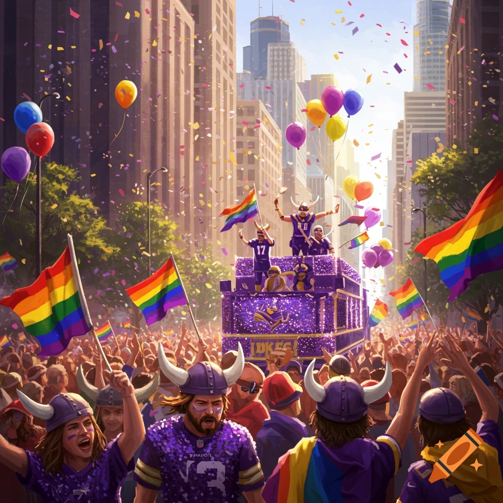 A vibrant gay pride parade with Minnesota Vikings fans in a city street, featuring rainbow flags, purple Vikings attire, confetti, balloons, and a glittery float. Illustrated style.