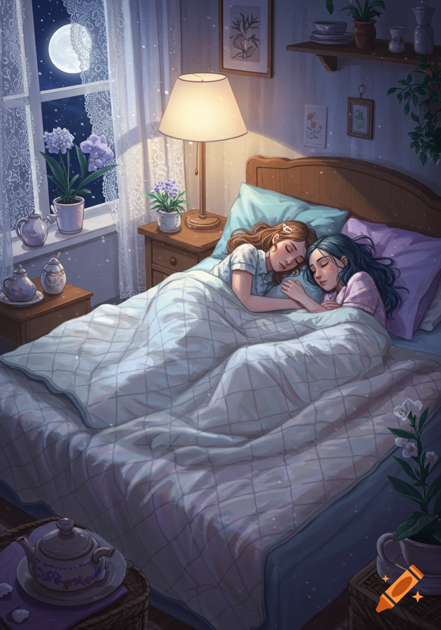 Illustration of two girls sleeping peacefully in a cozy, moonlit bedroom.