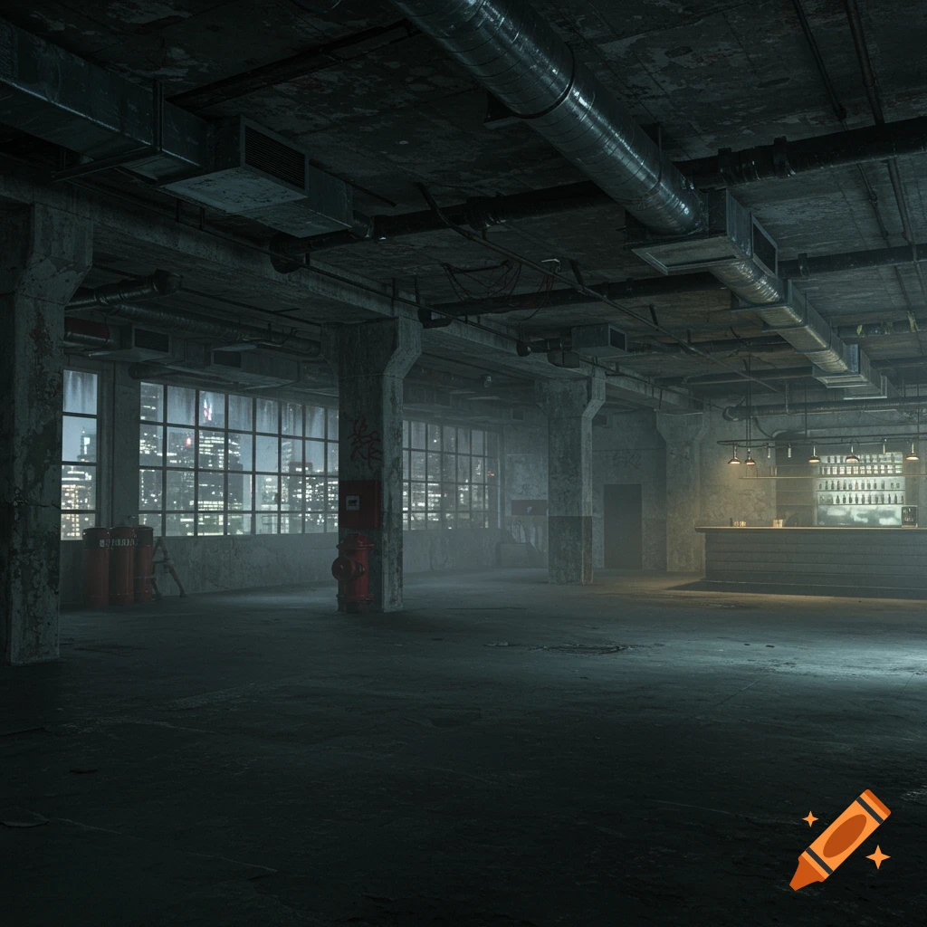 Dark, abandoned industrial interior with concrete pillars, ventilation ducts, dirty city-view windows, and an illuminated bar.