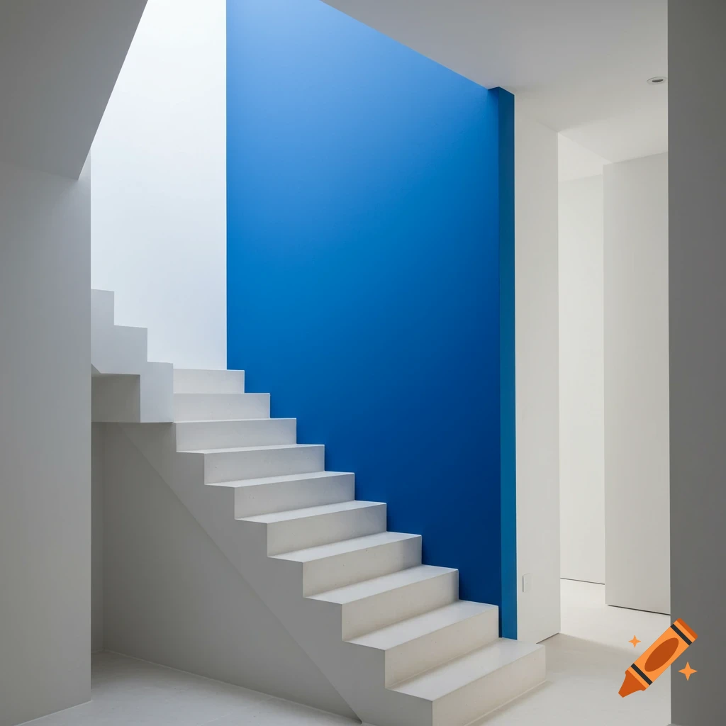 A modern white staircase ascends next to a vibrant blue wall in a bright, minimalist interior with white walls.