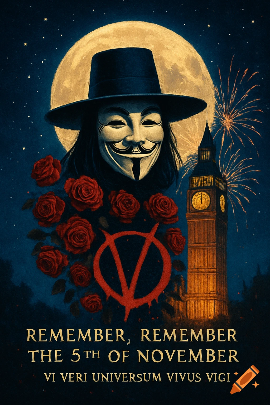 A stylized poster featuring a Guy Fawkes mask and hat under a full moon, with Big Ben and fireworks in the background, surrounded by red roses and the V for Vendetta logo. Text reads "REMEMBER, REMEMBER THE 5TH OF NOVEMBER" and "VI VERI UNIVERSUM VIVUS VIGI".