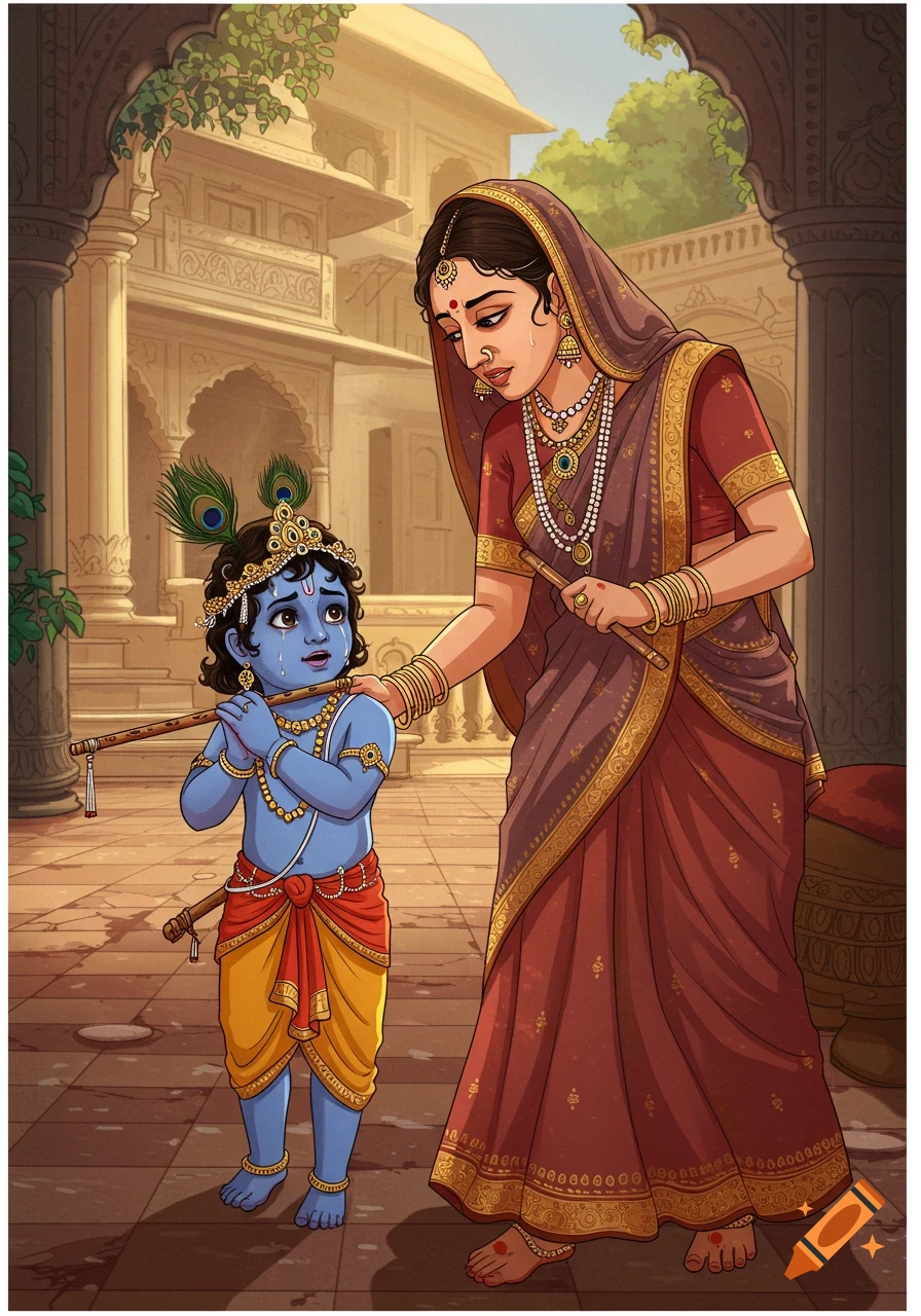 Blue-skinned Little Krishna cries while holding a flute, with Yashoda looking at him and holding a stick, in traditional Indian art.