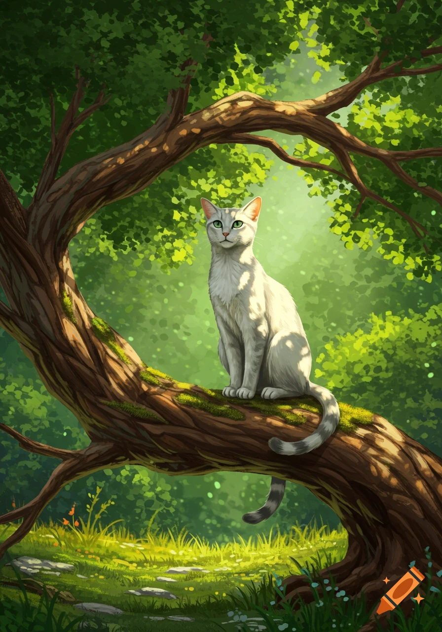 A white cat with green eyes sits on a moss-covered tree branch in a sun-dappled forest, digital art.