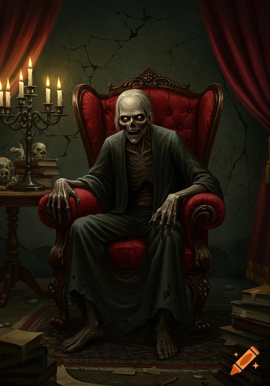 A creepy, skeletal old man with glowing eyes sits in a red armchair in a dark, gothic room with candles and skulls.