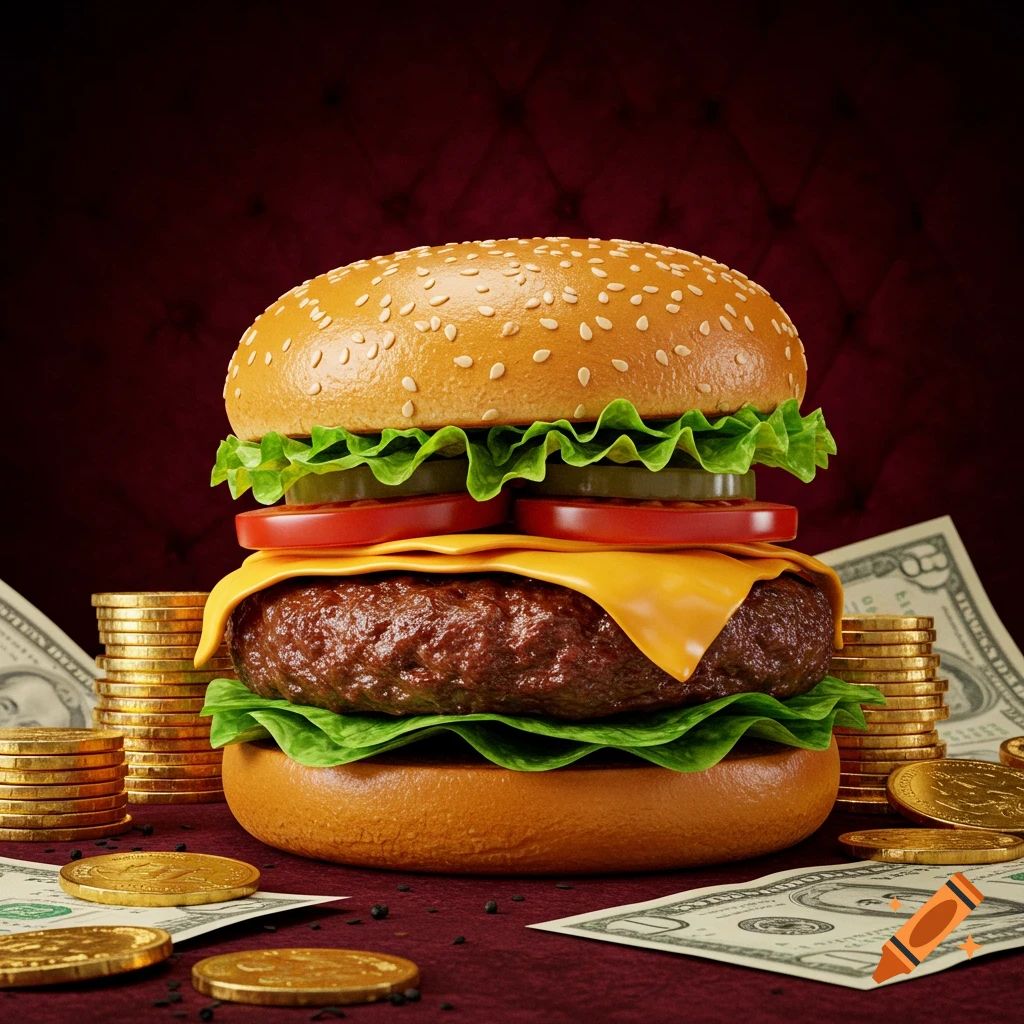 A photorealistic burger with lettuce, tomato, cheese, and pickles sits on a red surface, surrounded by stacks of gold coins and dollar bills.
