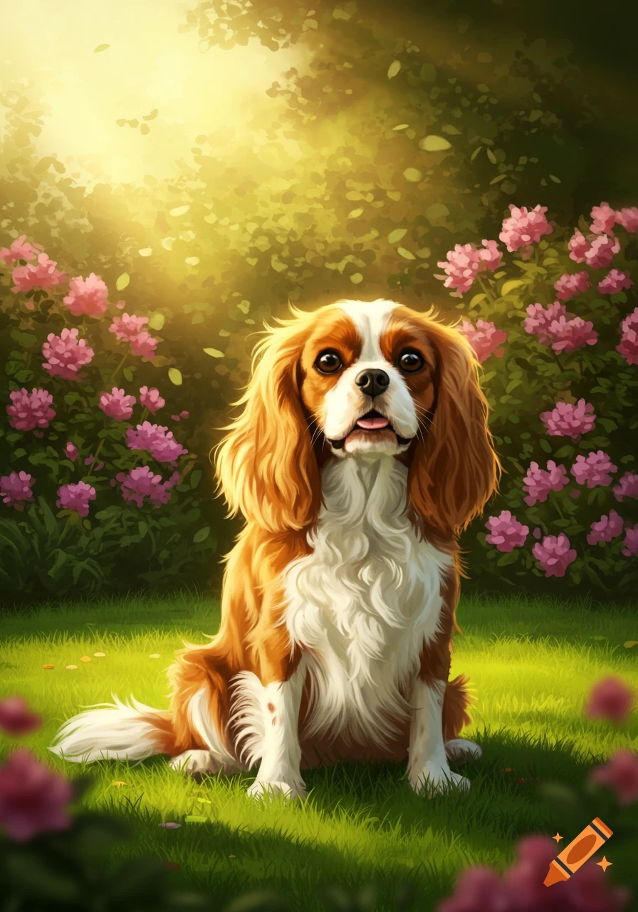 A King Charles spaniel dog sits on green grass among pink flowers, illuminated by warm sunlight.