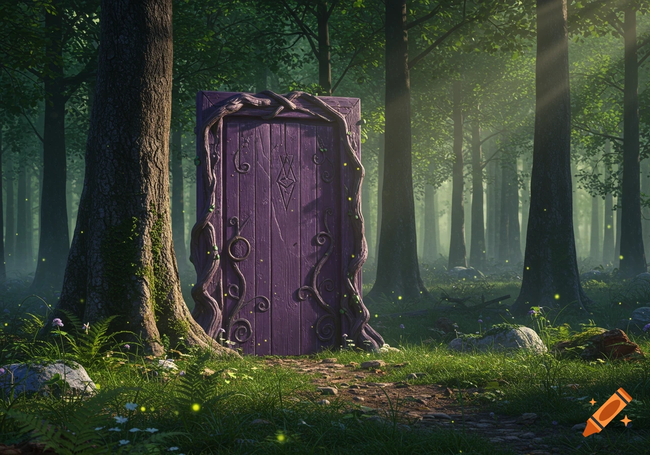 A magical purple wooden door adorned with vines stands in a sun-dappled forest, with fireflies glowing around a dirt path.