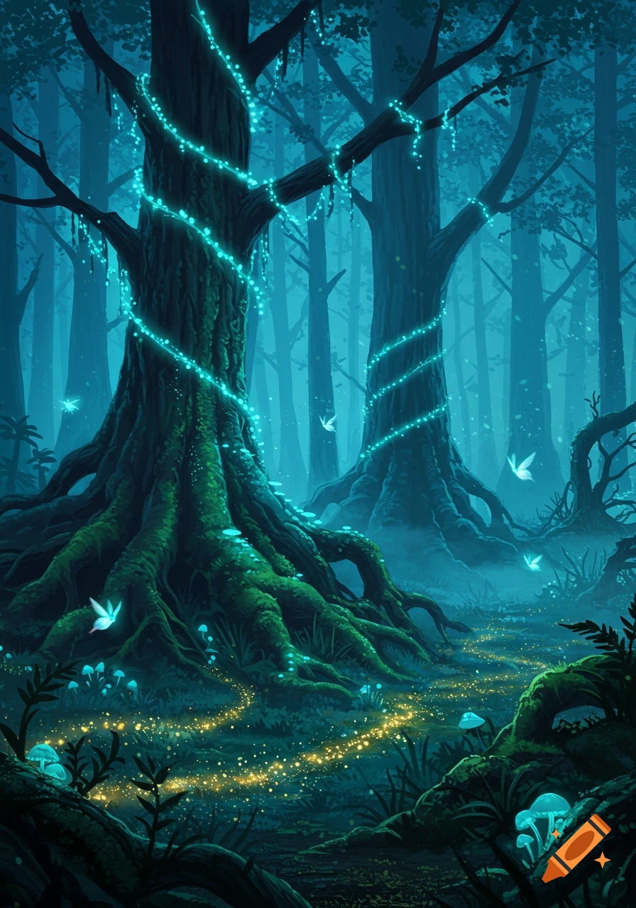 A magical fantasy forest at night with glowing blue lights wrapped around trees, a path of golden sparkles, and luminous blue mushrooms and white fireflies.