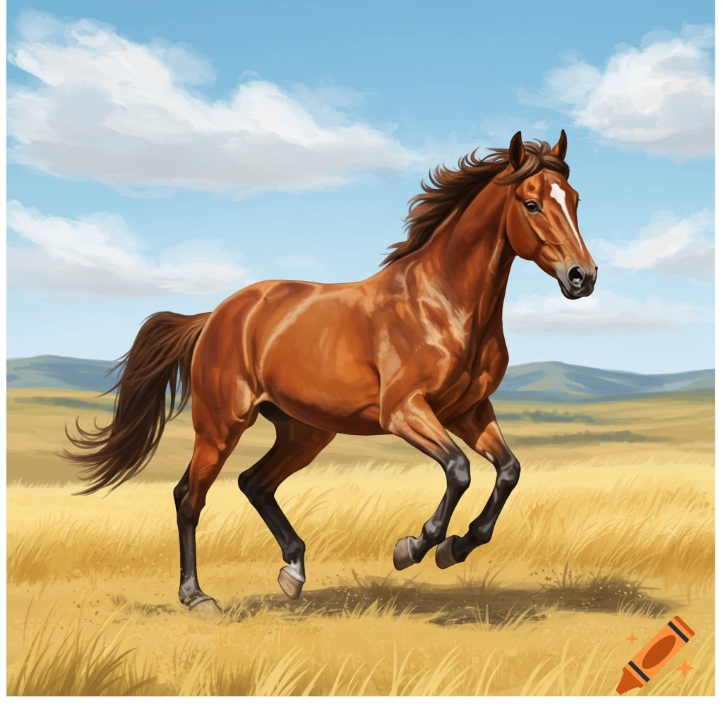 A brown horse with a white blaze gallops across a golden grassy field under a blue sky with white clouds, in an illustrative style.