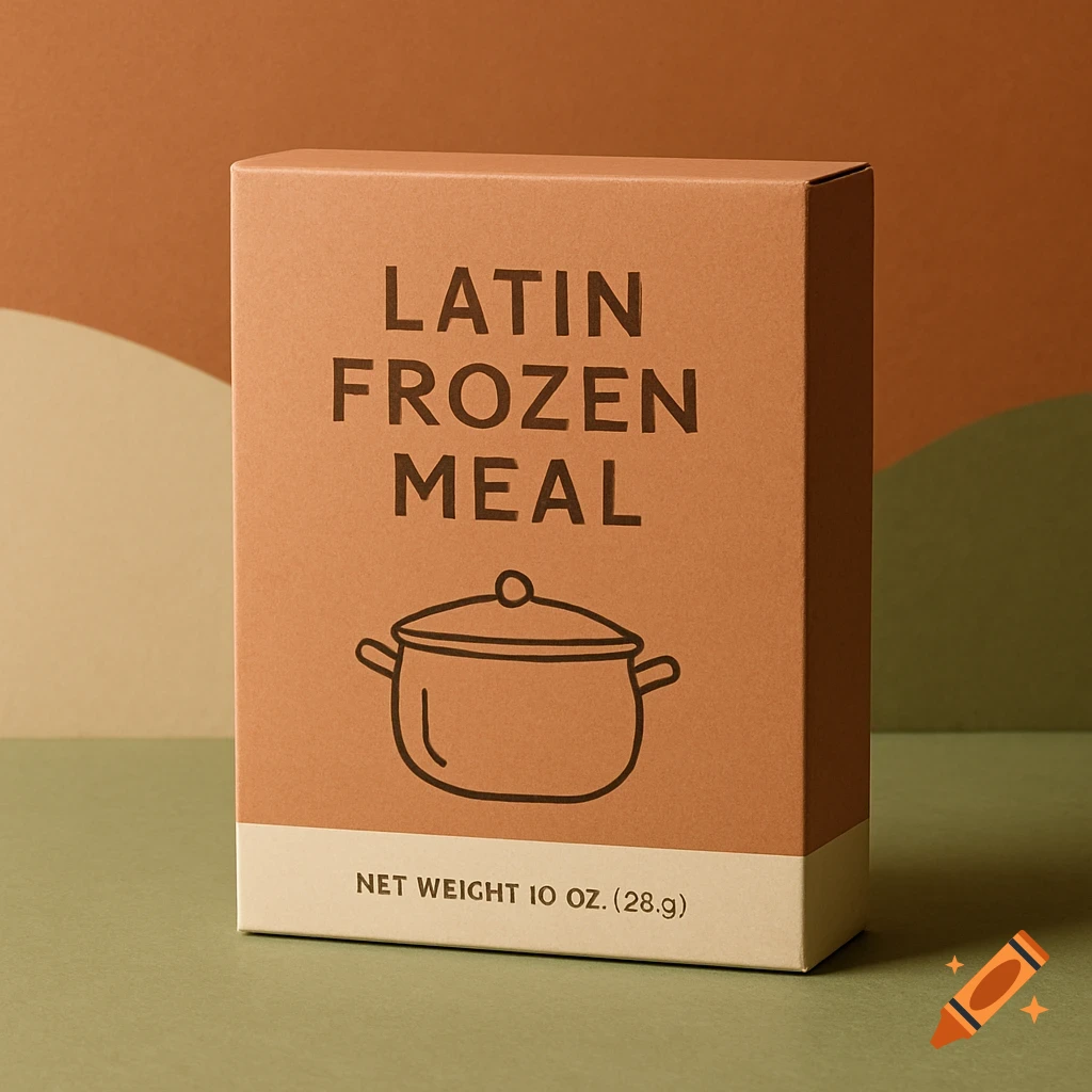 A minimalistic, hyperrealistic brown box for 'Latin Frozen Meal' with a line art pot icon, set on an earthy-toned background.