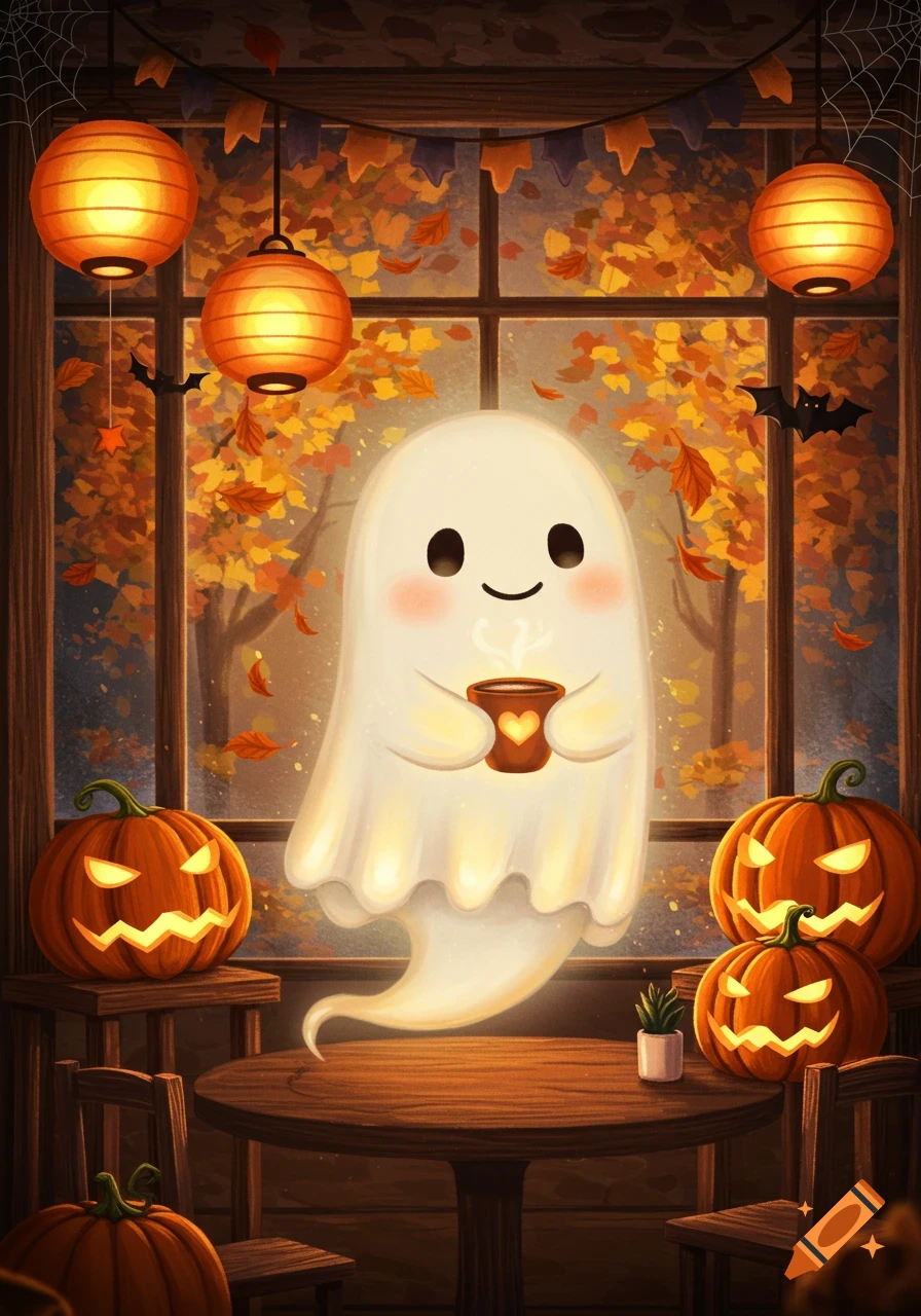 A cute ghost holding a steaming mug in a cozy, autumn-decorated room with jack-o'-lanterns and fall leaves, illustrative.