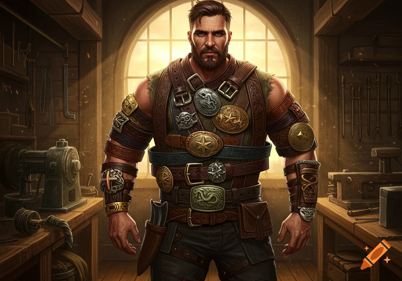 A rugged man in a leather outfit adorned with many ornate belts stands in a sunlit wooden workshop, digital art.