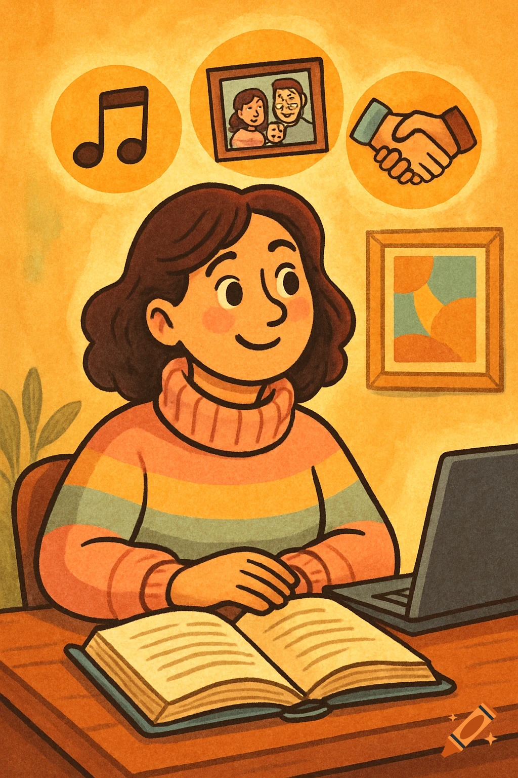 Cartoon illustration of a woman in a striped sweater at a desk with a book and laptop, with thought bubbles of a music note, family photo, and handshake icon.