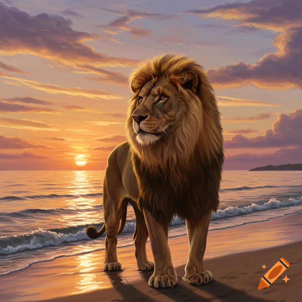 A majestic lion with a flowing mane stands on a sandy beach, looking towards the colorful sunset over the ocean.