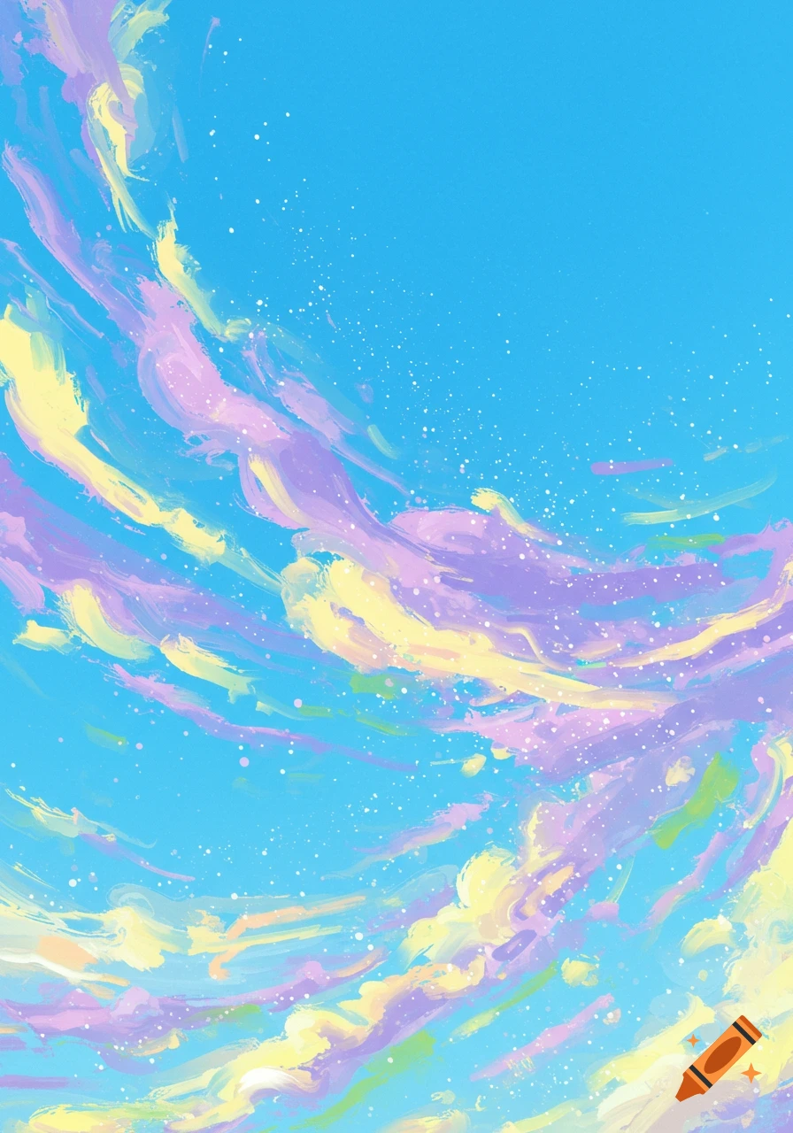 Abstract painterly sky with bright blue, pastel purple, yellow, and green clouds, dotted with small white lights.