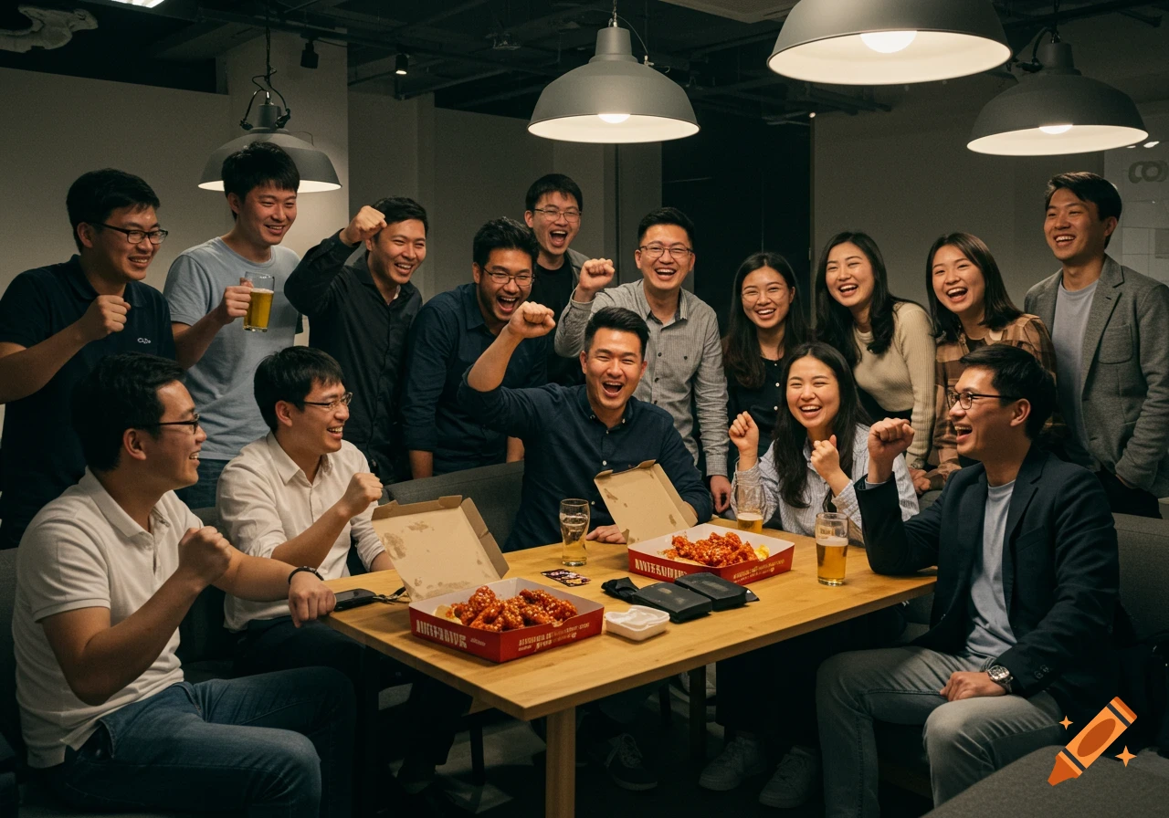 A group of cheerful young Asian professionals celebrate around a table with Korean fried chicken and beer glasses in a modern office space, photorealistic.