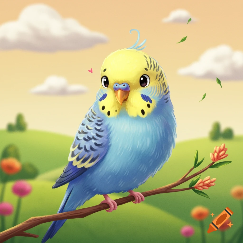 A cute cartoon blue and yellow budgie perches on a branch in a green landscape under a cloudy sky.