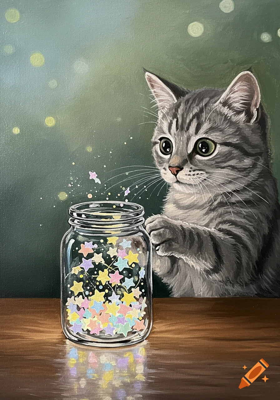 A curious tabby cat paws at a jar filled with glowing, colorful stars, on a wooden surface, acrylic painting.