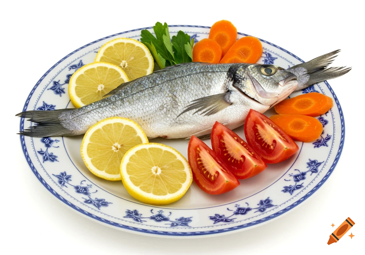 A whole silver fish garnished with lemon slices, carrot rounds, tomato wedges, and green herbs on a blue and white patterned plate.