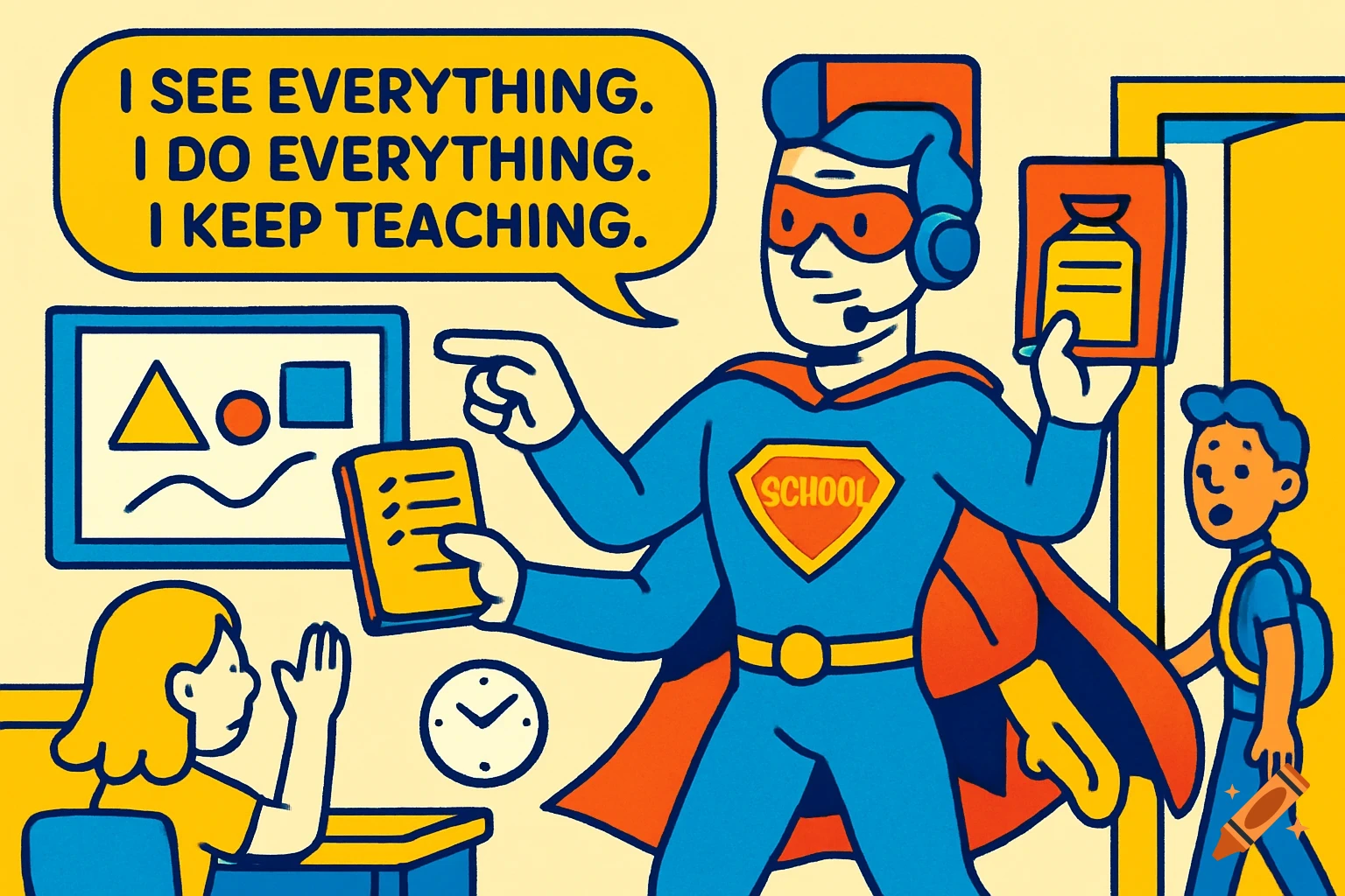 Cartoon superhero teacher with four arms, headset, and school logo, multitasking in a classroom. Speech bubble reads: "I see everything. I do everything. I keep teaching."