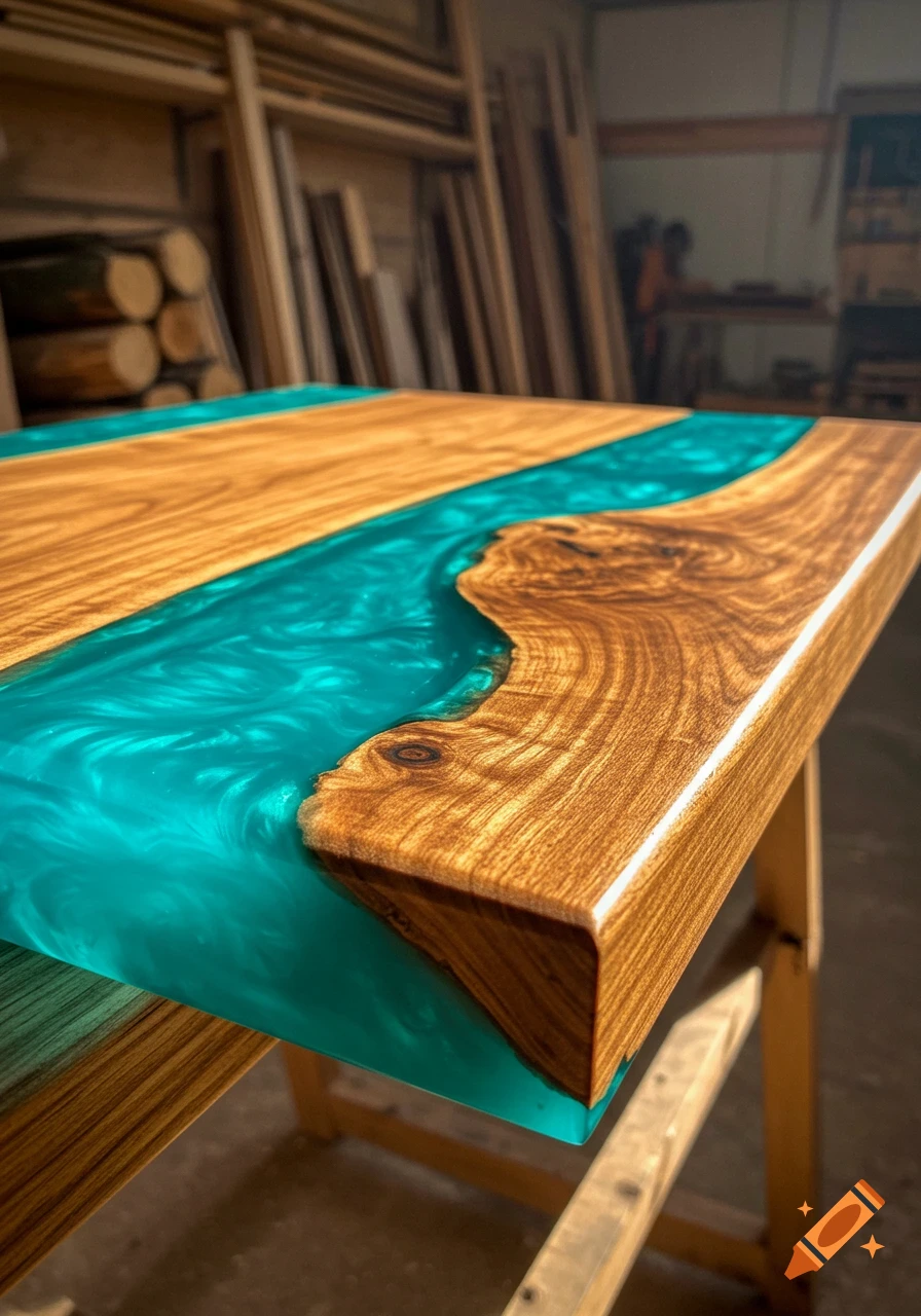 Close-up of a polished wooden table with a vibrant teal epoxy resin river flowing through its center, set in a workshop.