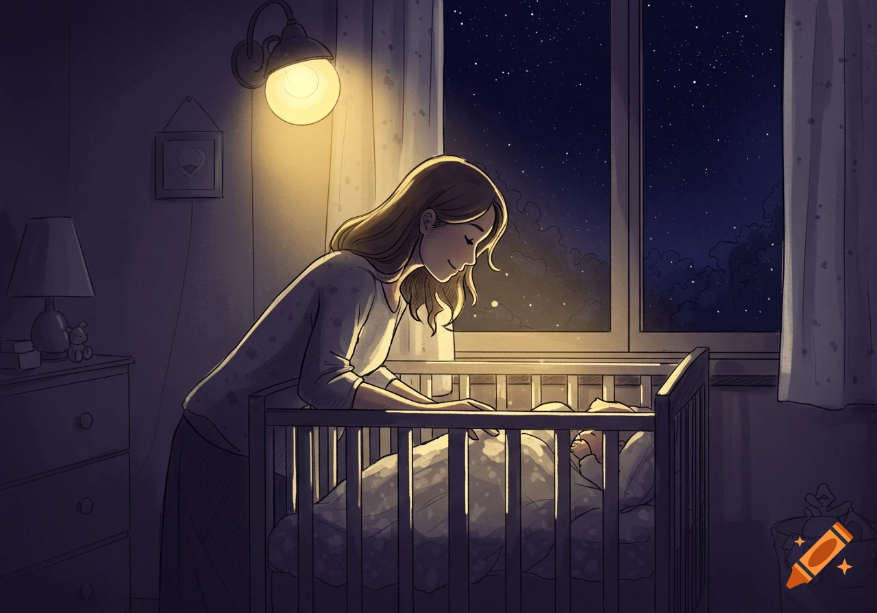 An illustration of a mother gently looking down at her sleeping baby in a crib in a dim bedroom at night.