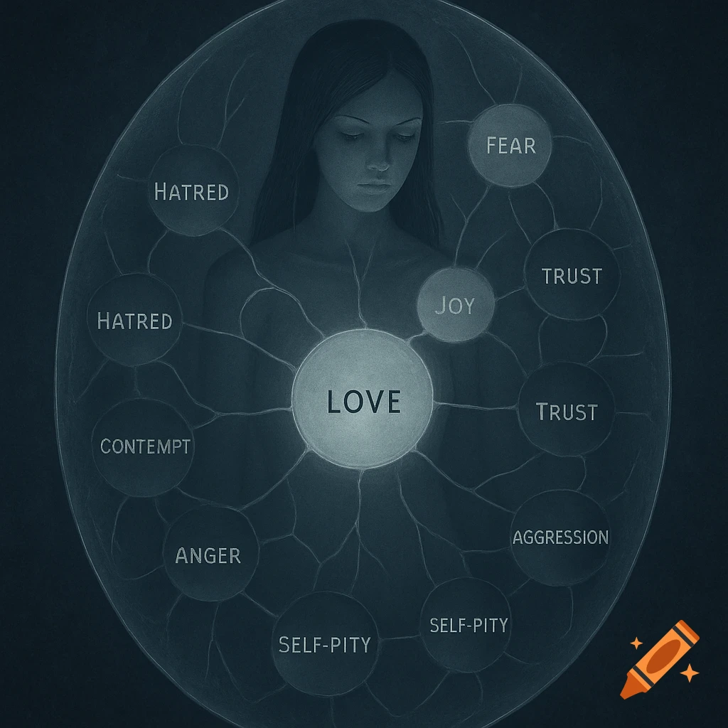 A woman's head and torso are encased in a translucent, organic membrane, surrounded by glowing bubbles labeled with emotions like LOVE, FEAR, JOY, HATRED, and TRUST, connected by neural pathways.