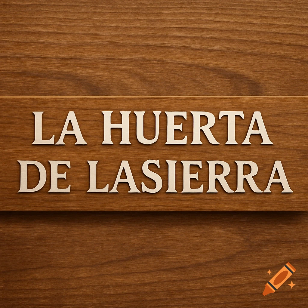A hyper-realistic wooden sign with the carved white 3D text 'LA HUERTA DE LASIERRA' centered on a warm brown wood background.