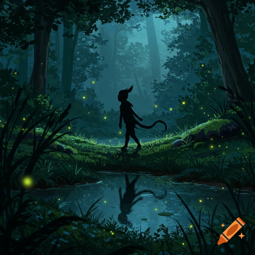 A creature's silhouette with horns and a tail walks through a dark, mystical forest with glowing fireflies and a reflective pond.