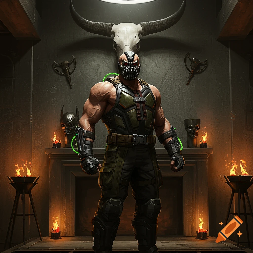 Bane stands in a dark, gothic room featuring a bull skull, smaller skulls, and burning braziers, photorealistic style.