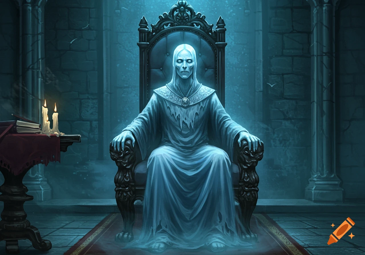 A pale, spectral ghost with glowing eyes and tattered robes sits on an ornate dark throne in a dimly lit stone chamber with candles.