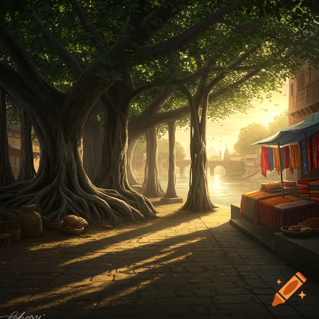 A sunlit riverside scene with large trees, their roots exposed, casting long shadows on a stone path next to a market stall with colorful textiles, and a bridge in the distance.