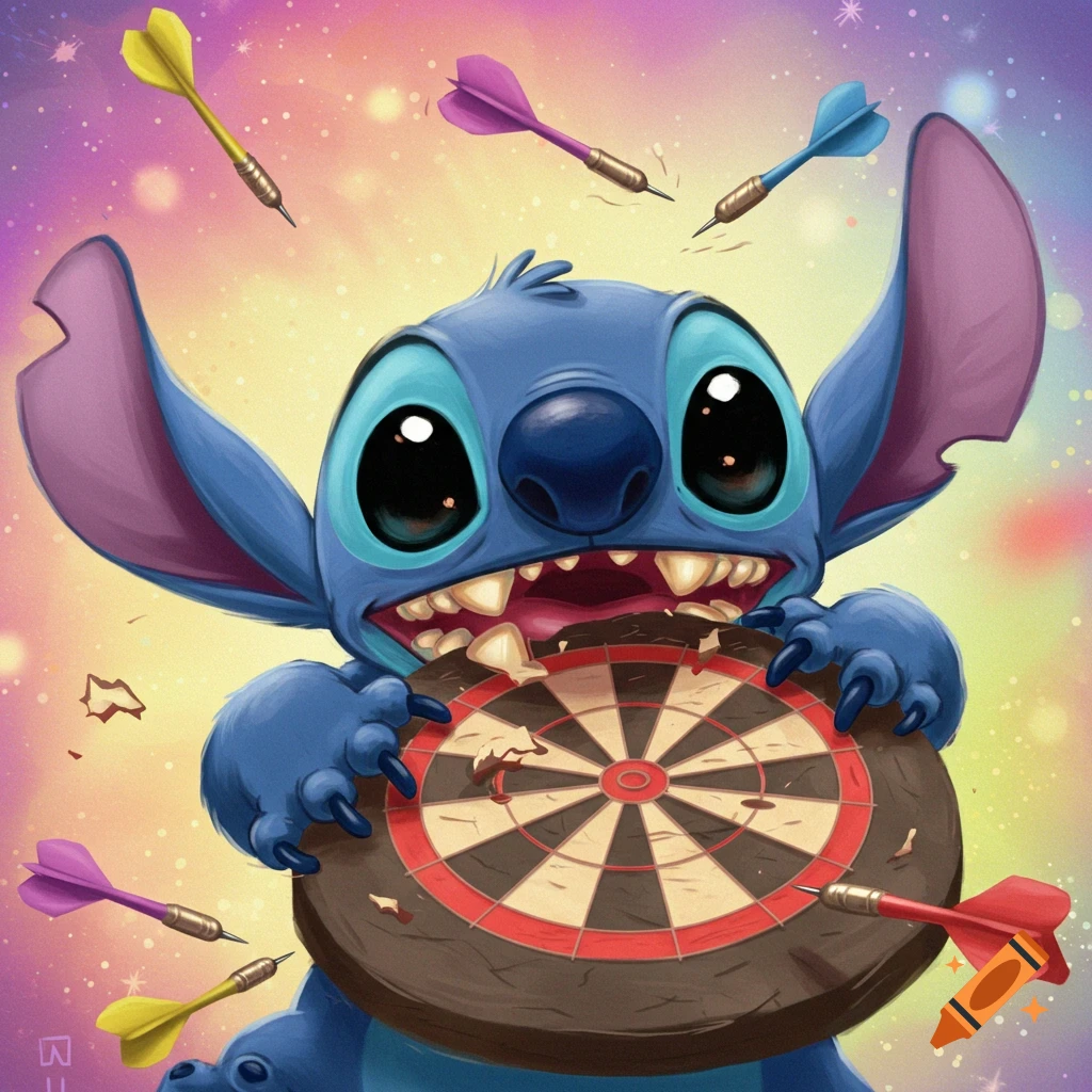 A vibrant cartoon illustration of Stitch from Lilo & Stitch happily chewing on a wooden dartboard as colorful darts fly around him.