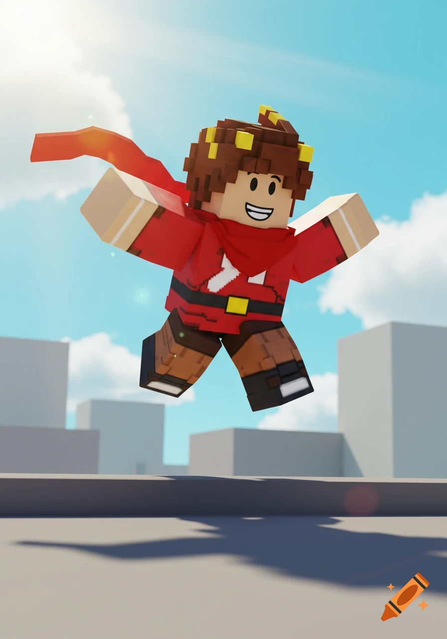 A blocky, Roblox-style character in a red scarf jumps over a rooftop under a bright blue sky with clouds.