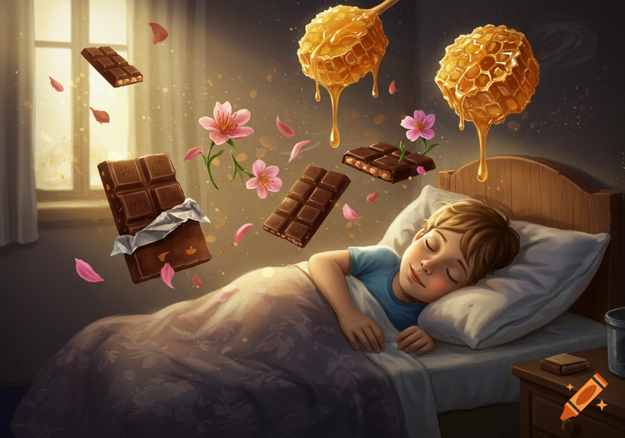 A boy sleeps in bed, dreaming of floating chocolate bars, dripping honeycombs, and pink flowers in a whimsical, illustrative style.