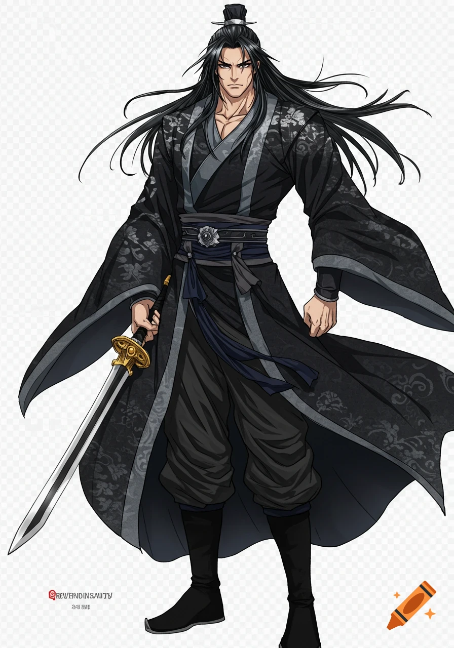 A serious male wuxia character with long black hair, dressed in ornate black robes, holding a sword in a manhua art style.