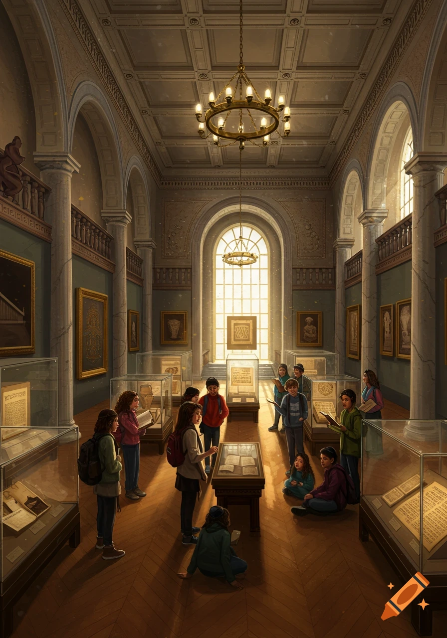 Students explore display cases in a grand, high-ceilinged museum hall with arched windows and a chandelier, illuminated by warm light.