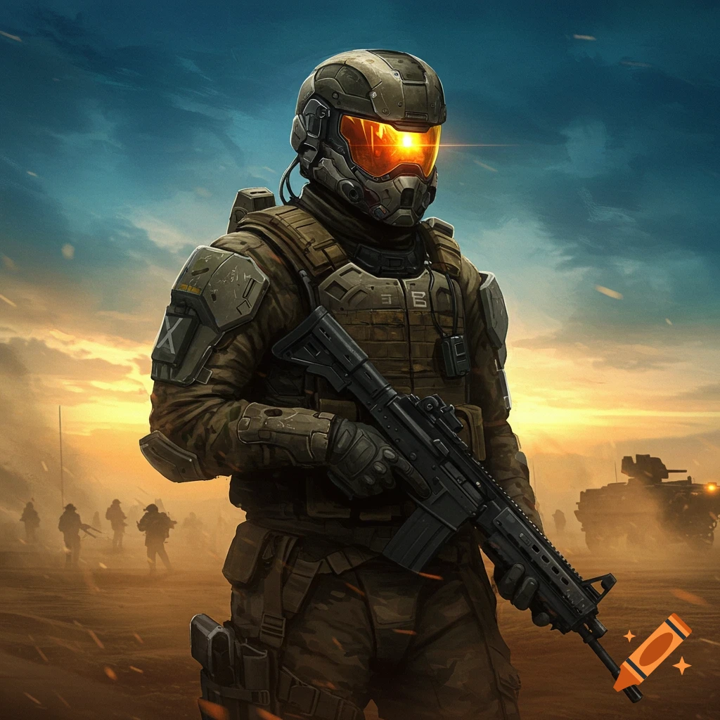 A futuristic soldier in combat armor and helmet with an orange visor holds a rifle in a desert battlefield at sunset.