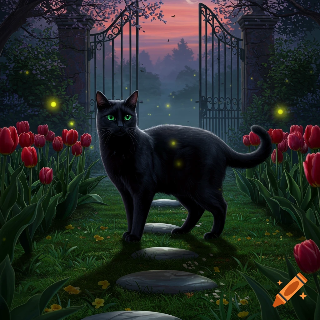 A black cat with green eyes stands on a garden path with red tulips and glowing fireflies. A decorative gate is in the background.