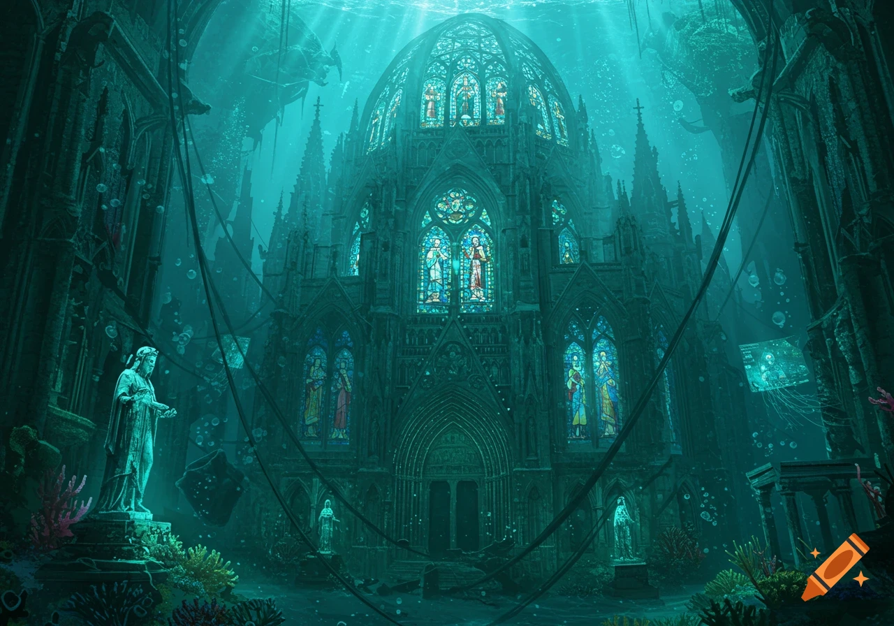 A grand, dark teal, gothic cathedral submerged underwater, with illuminated stained-glass windows, statues, and coral in a cyberpunk fantasy style.